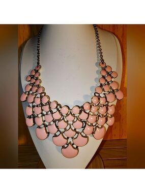 Jane Stone Pink Necklace Fashion Statement Collar Openwork Bib Costume Jewelry